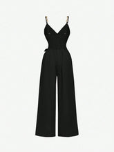 Apricot Wrap Style Chain Decor Tie-Up Bow Jumpsuit, Comfy, 70s Boho Western Feel
